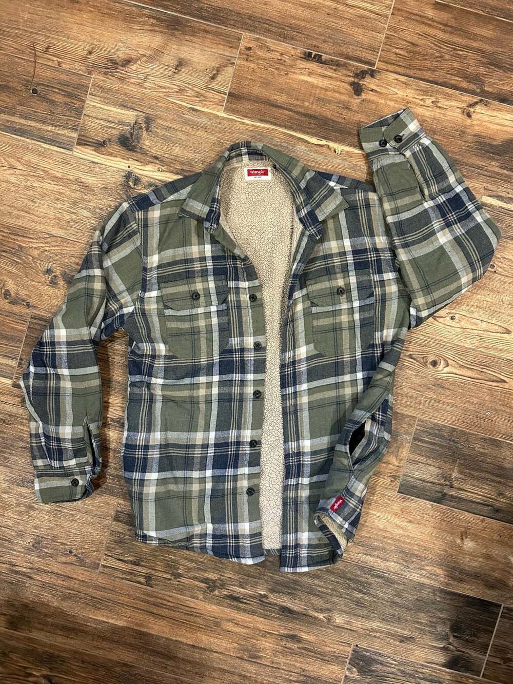 Wrangler Sherpa Lined Flannel Shirt Jacket Green Plaid Size S